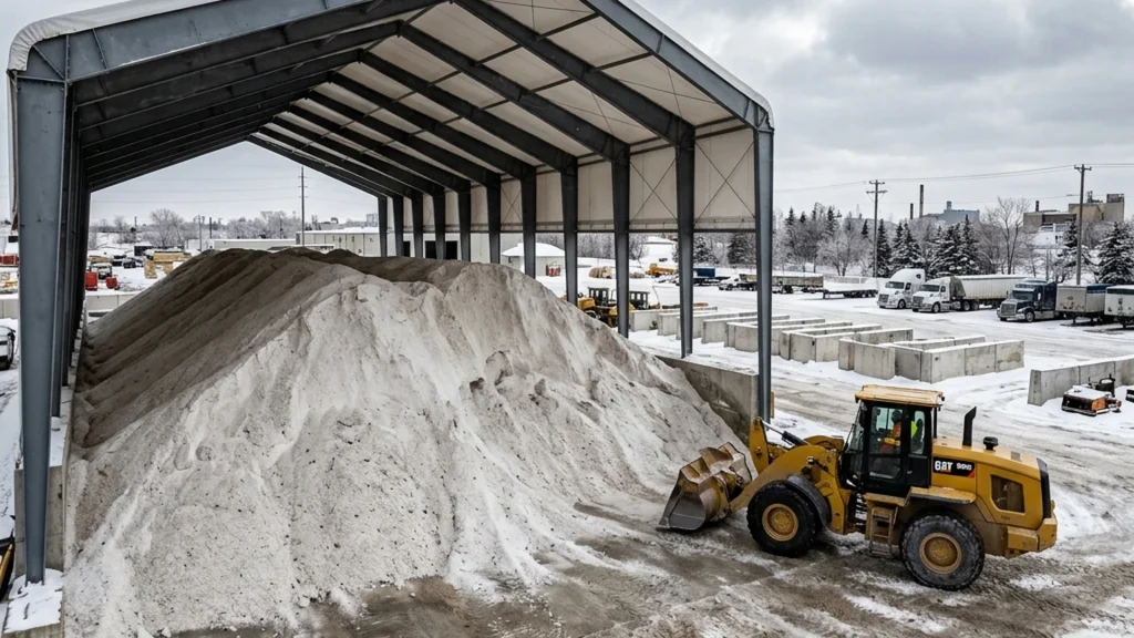 Bulk salt and sand for commercial snow contracts Winnipeg covered storage seasonal stocking
