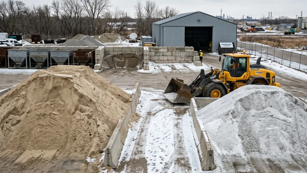 Separate bulk piles of traction sand and rock salt at Winnipeg supply yard for commercial winter contract stocking