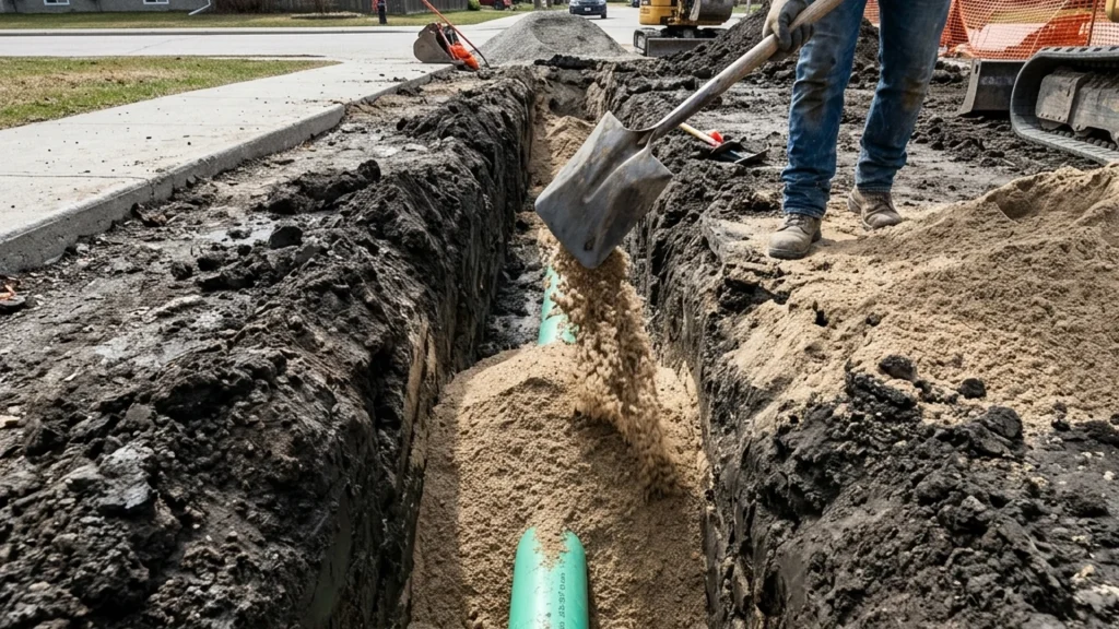 Coarse sand being used as backfill around underground utility pipe in Winnipeg showing drainage application