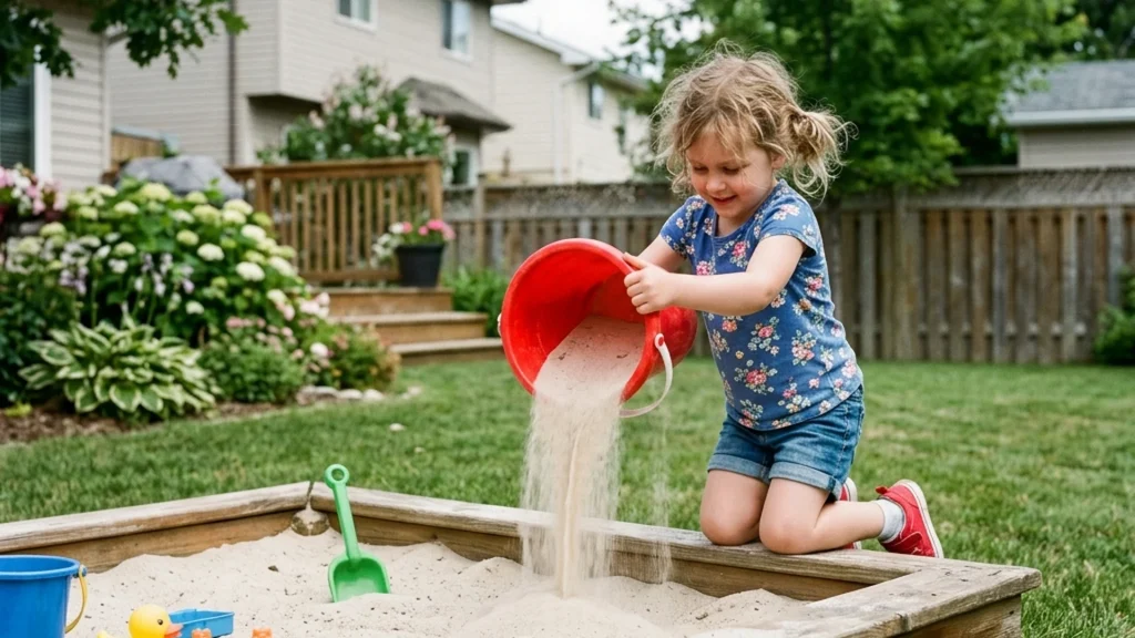 Fine sand being filled into a childrens sandbox in a Winnipeg backyard showing soft texture residential use