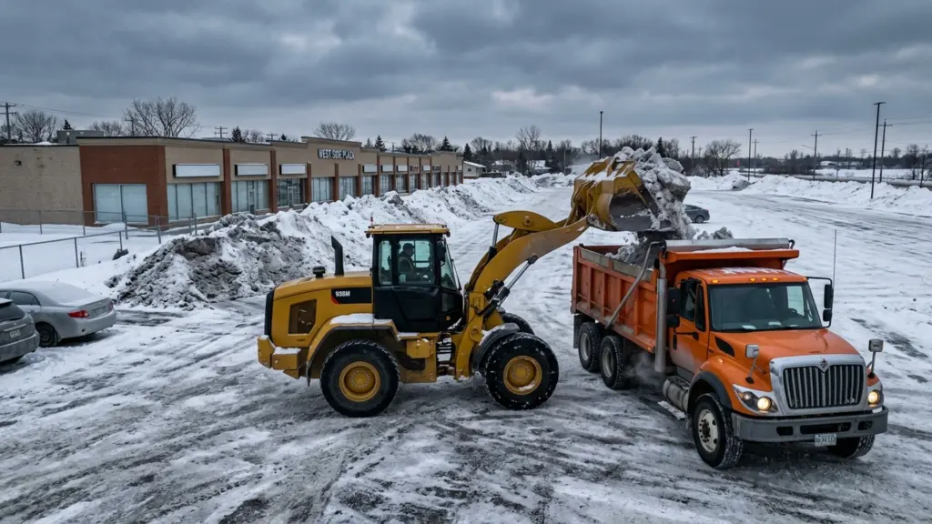 Front-end loader lifting compacted snow into a dump truck in a Winnipeg commercial parking lot