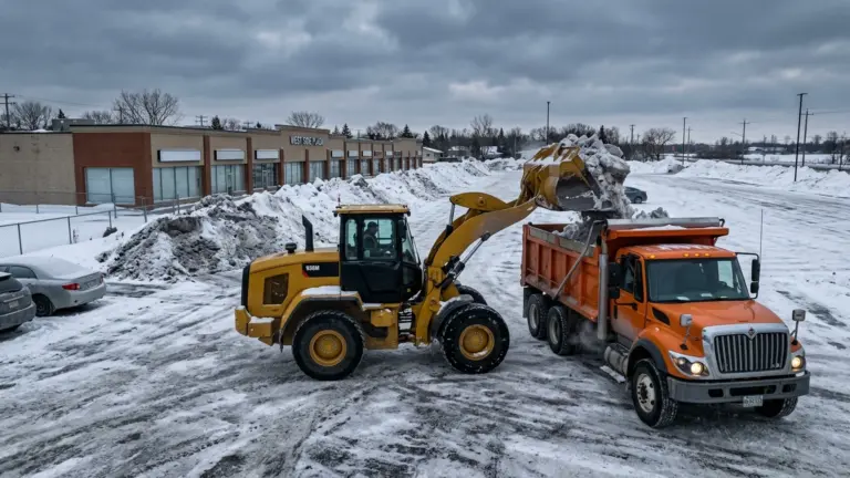 Front-end loader lifting compacted snow into a dump truck in a Winnipeg commercial parking lot