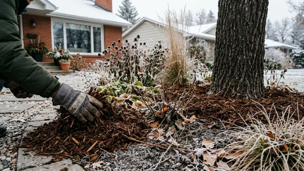 Natural wood mulch applied around dormant Winnipeg perennials after the ground begins to freeze