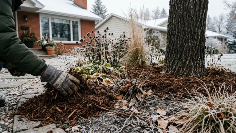 Natural wood mulch applied around dormant Winnipeg perennials after the ground begins to freeze