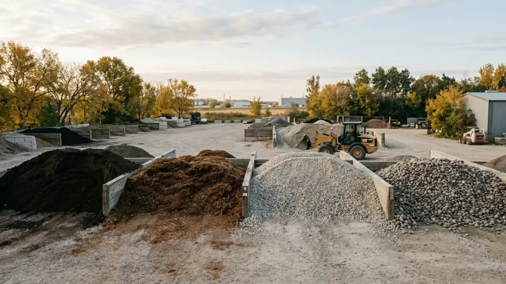 Bulk soil, mulch and aggregate staged for fall projects at Ditchfield Supplies in Winnipeg