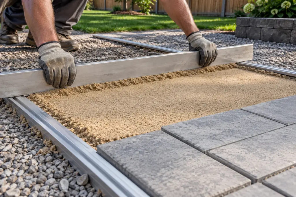 Worker screeding a thin sand bedding layer beside partially laid concrete pavers.