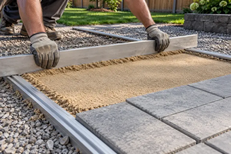 Worker screeding a thin sand bedding layer beside partially laid concrete pavers.