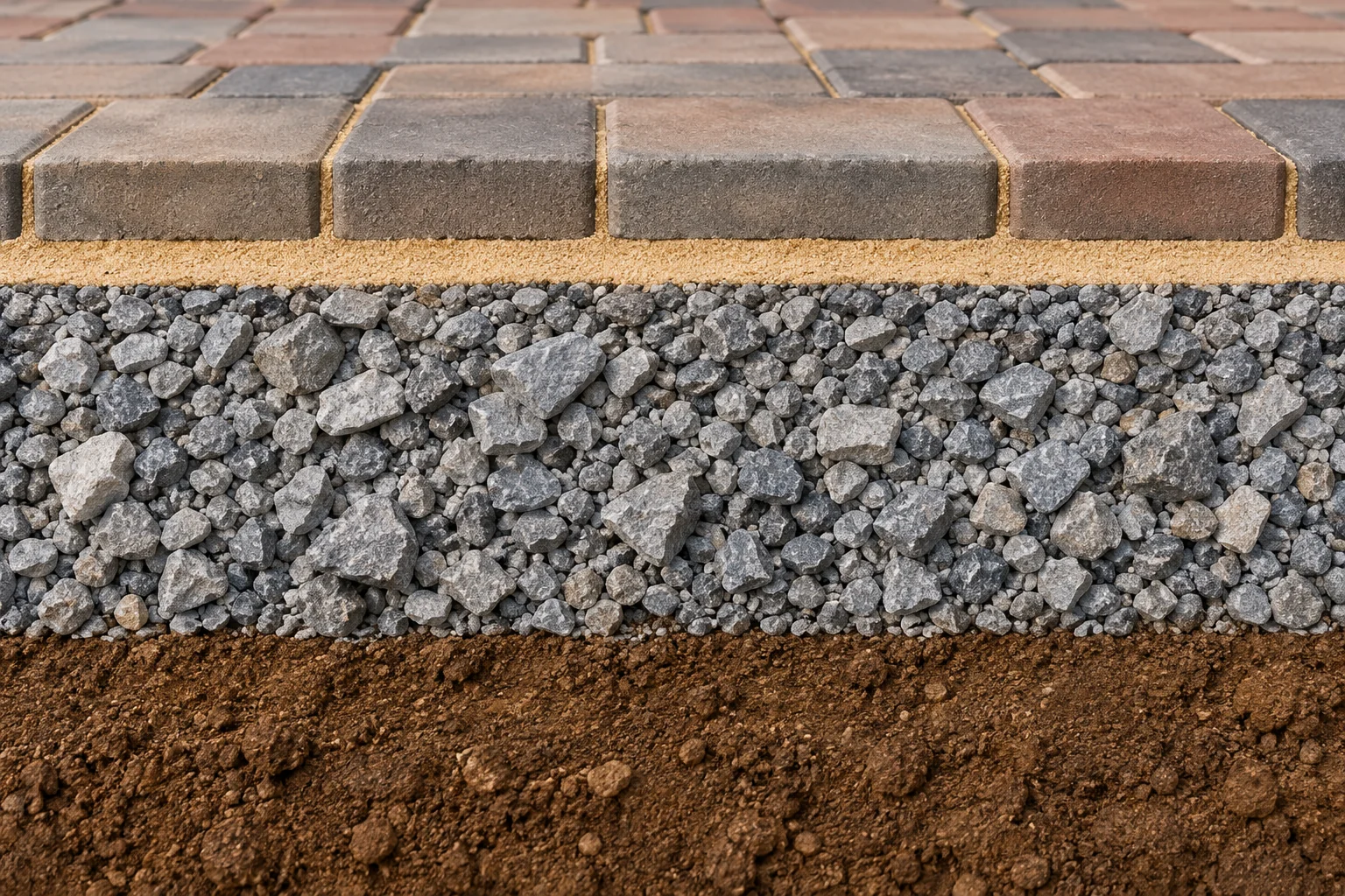 Cross-section illustration showing pavers, sand bedding, compacted aggregate layers and soil.