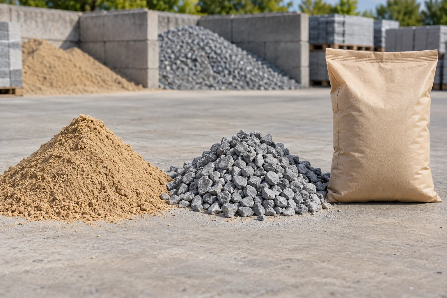 Washed sand, crushed limestone and a plain bag of jointing sand arranged on a concrete pad.