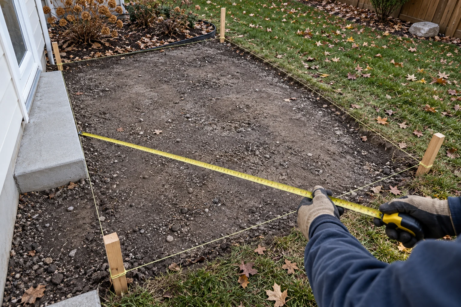 Gloved hands measuring a proposed patio area marked with stakes and string.