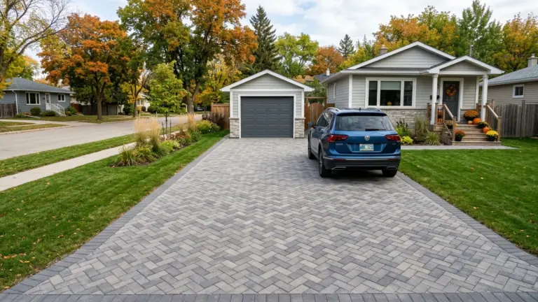 Driveway pavers vs patio pavers Winnipeg showing vehicle-rated interlocking paver driveway