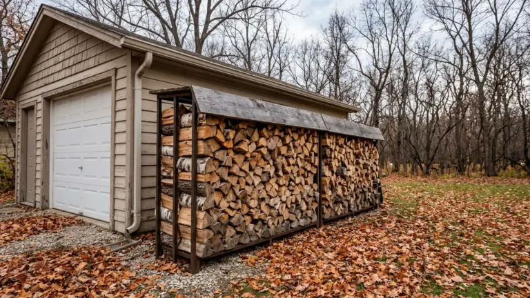 Stacked seasoned firewood stored off the ground in a Winnipeg yard
