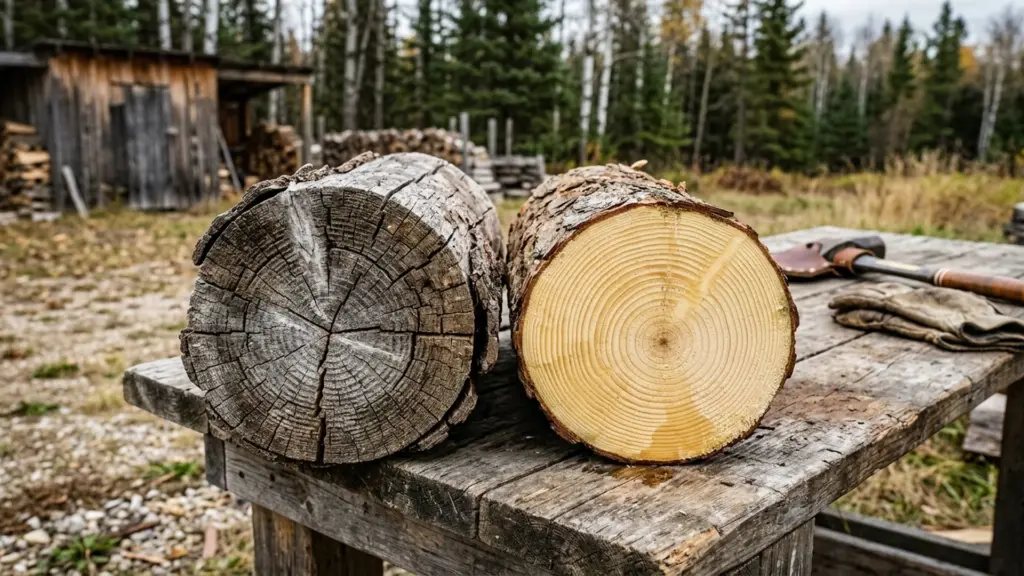 Close-up comparison of seasoned split pine with checked end grain and fresh green split pine on a plain outdoor workbench, no labels