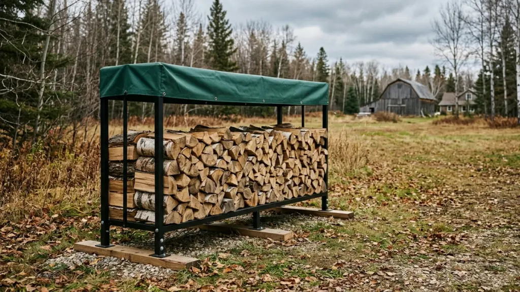 Single row of split firewood on an elevated rack in a Manitoba yard, cover over the top only, open sides, generous clearance from buildings, late autumn