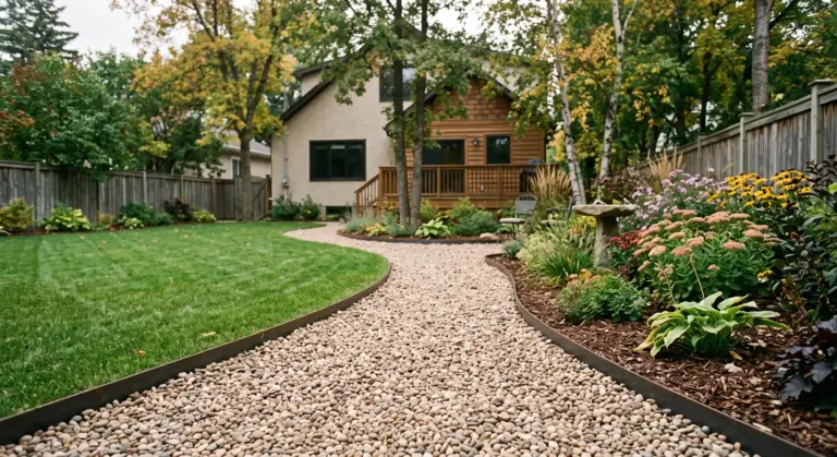 Pea gravel garden path contained by steel edging beside a lawn and planting bed